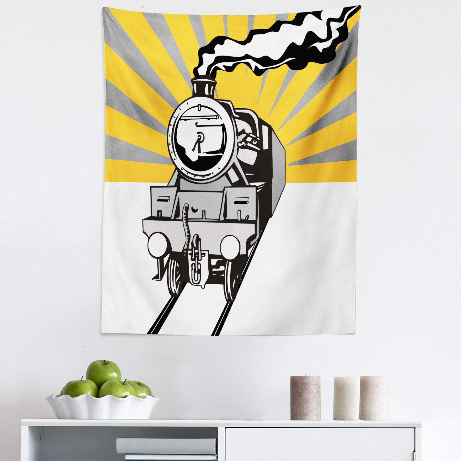 Ambesonne Vintage Railroad Tapestry - Steaming Locomotive Wall Art with Sunburst Effect, Grey & Yellow Fabric Wall Hanging Decor for Bedroom, Living Room, Dorm (23x28 Inches) - Perfect for Home Decor, Steam Train Enthusiast Gifts & Cozy Interior Design
