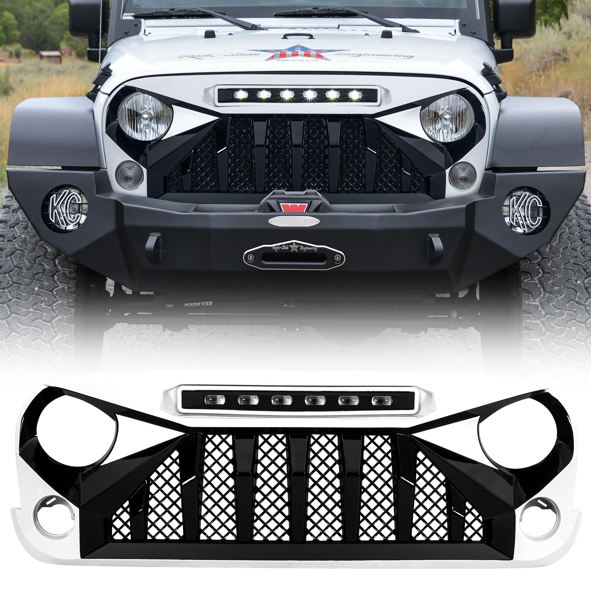 Black & White ABS Plastic Front Gladiator Grille with LED Off-Road Lights for 2007-2018 Jeep Wrangler JK - Durable Aftermarket Replacement for Off-Roading & Adventure