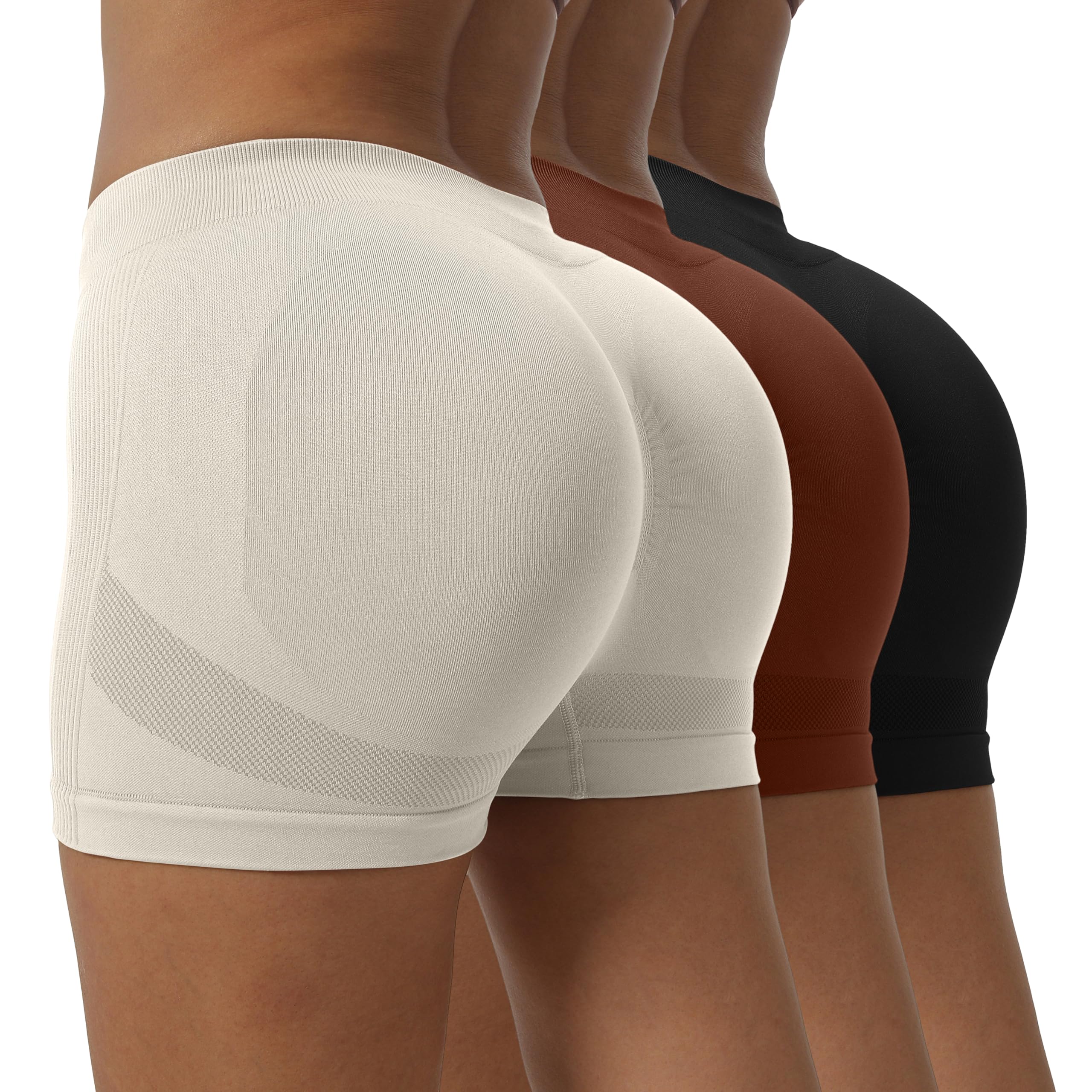 OVESPORT 3 Piece Scrunch Butt Lifting Workout Shorts for Women - Seamless High Waisted Yoga Running Biker Shorts - Gym, Fitness & Lounge Wear - Perfect for Workouts, Yoga, Running and Casual Wear