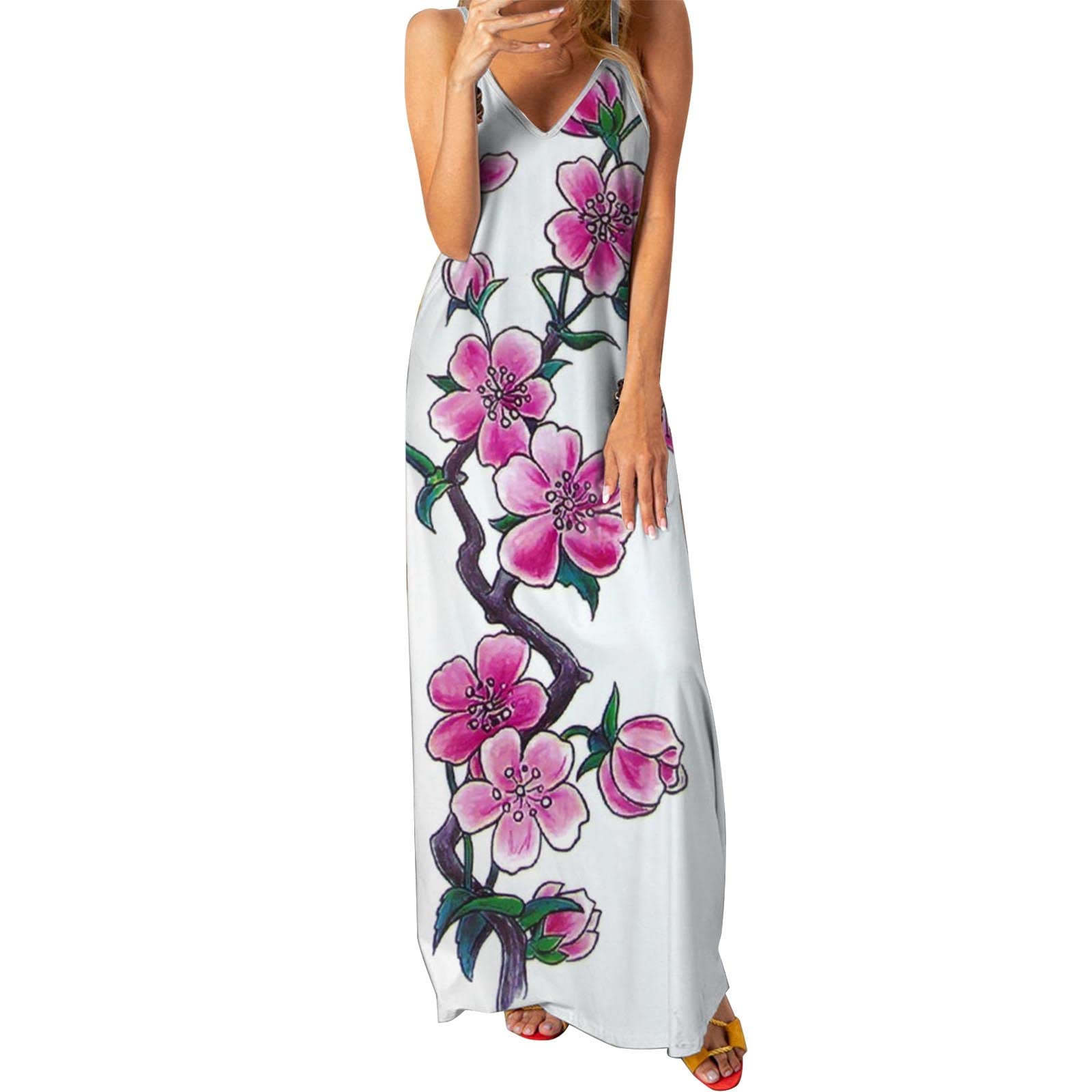 iOPQO Women's Printed V-Neck Maxi Dress - Summer Spaghetti Strap Sleeveless Casual Dress (White, Medium) | Beach Cover-Up, Vacation Outfit, Date Night Dress