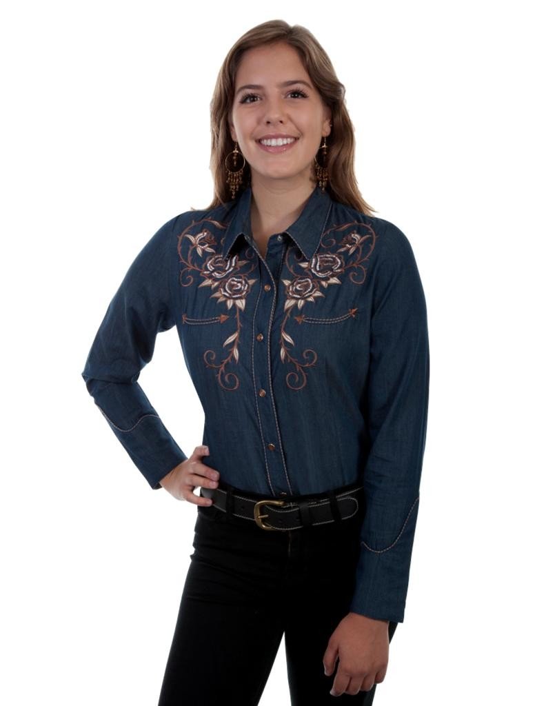 Scully Women's Rose Embroidered Denim Long Sleeve Western Shirt - Vintage Cowgirl Style Top for Casual Wear, Country Music Festivals & Western Themed Parties