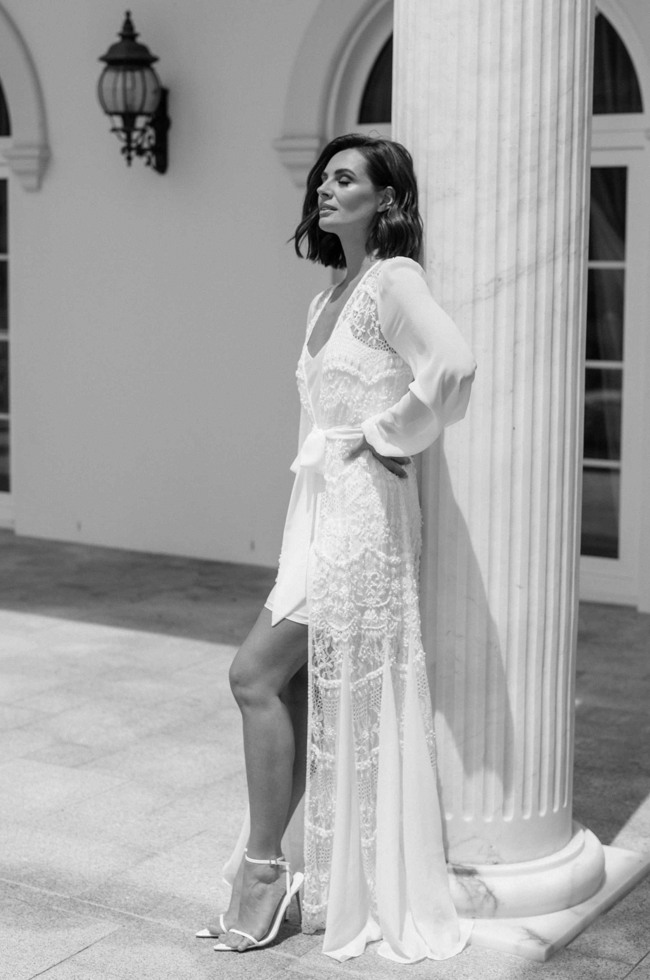 Elegant Hand-Beaded Pearl Maxi Bridal Robe with Slip - Perfect for Wedding, Bridal Shower & Honeymoon Getaway