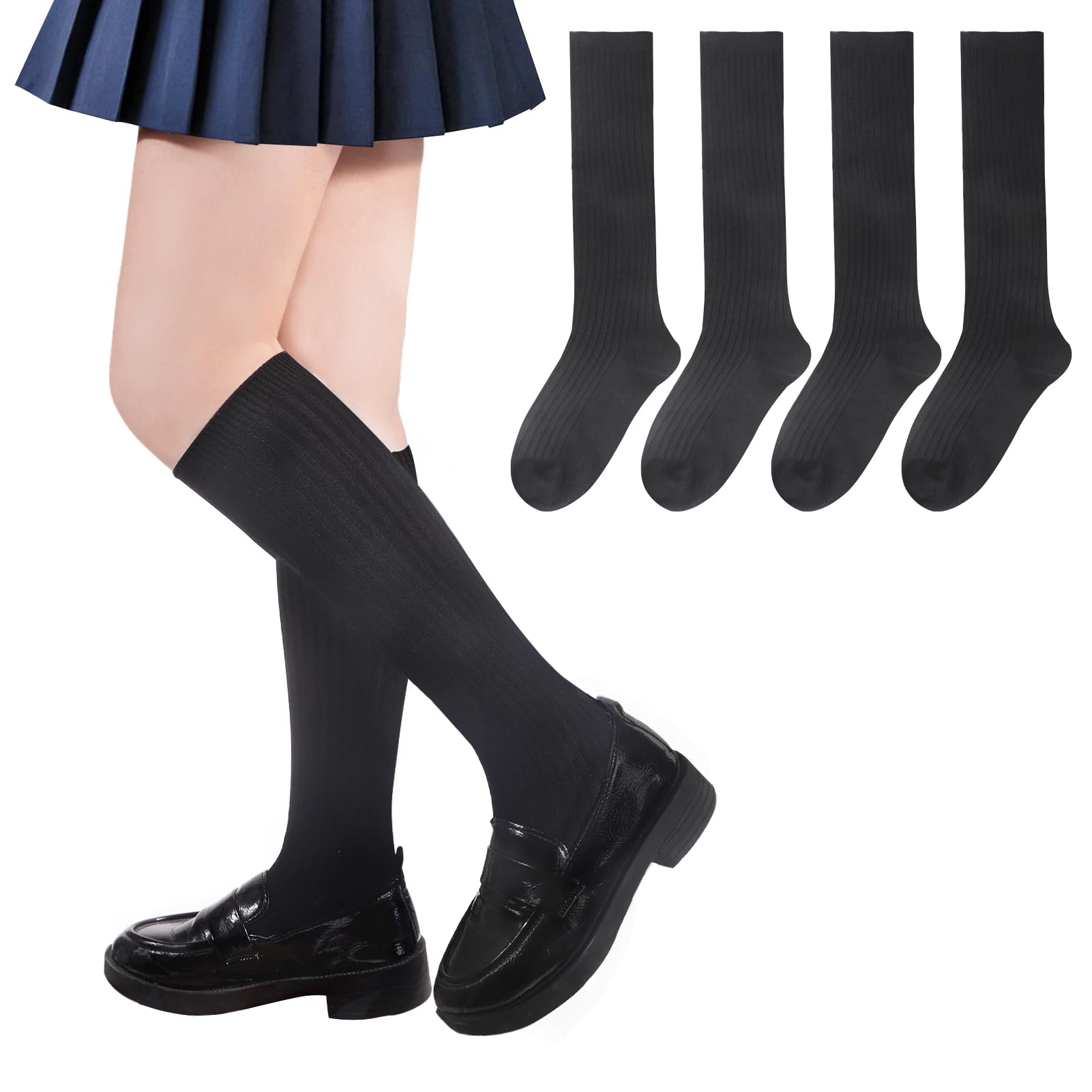 4 Pairs Girls Knee High Socks - Striped Seamless Toe School Uniform Socks for Kids, Over The Knee Socks for Girls & Boys - Perfect for School, Dance, and Winter Outfits