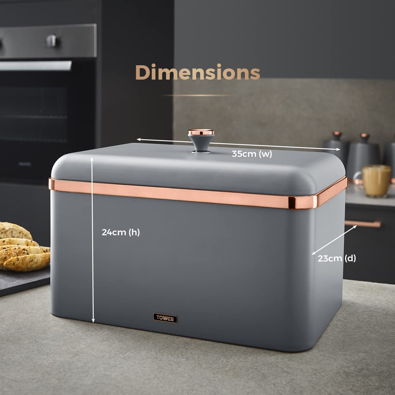 Cavaletto Bread Bin with Removable Lid - Large Capacity Stainless Steel Bread Box for Kitchen Storage | Grey & Rose Gold | Perfect for Countertop Organization & Fresh Bread Keeping