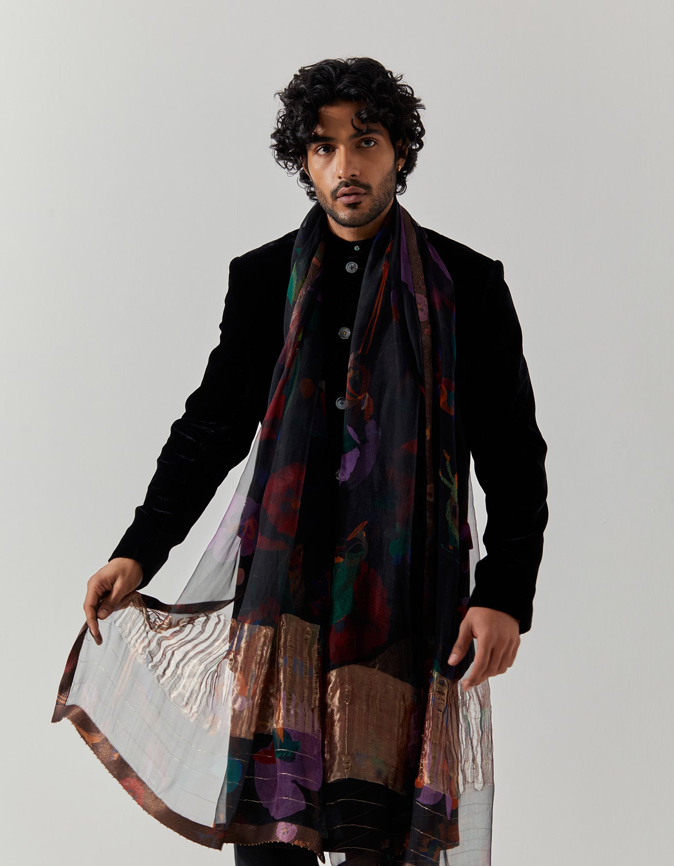 Elegant Dupatta Chanderi Silk Scarf - Midnight Vineyard Design - Perfect for Weddings, Parties & Festive Occasions