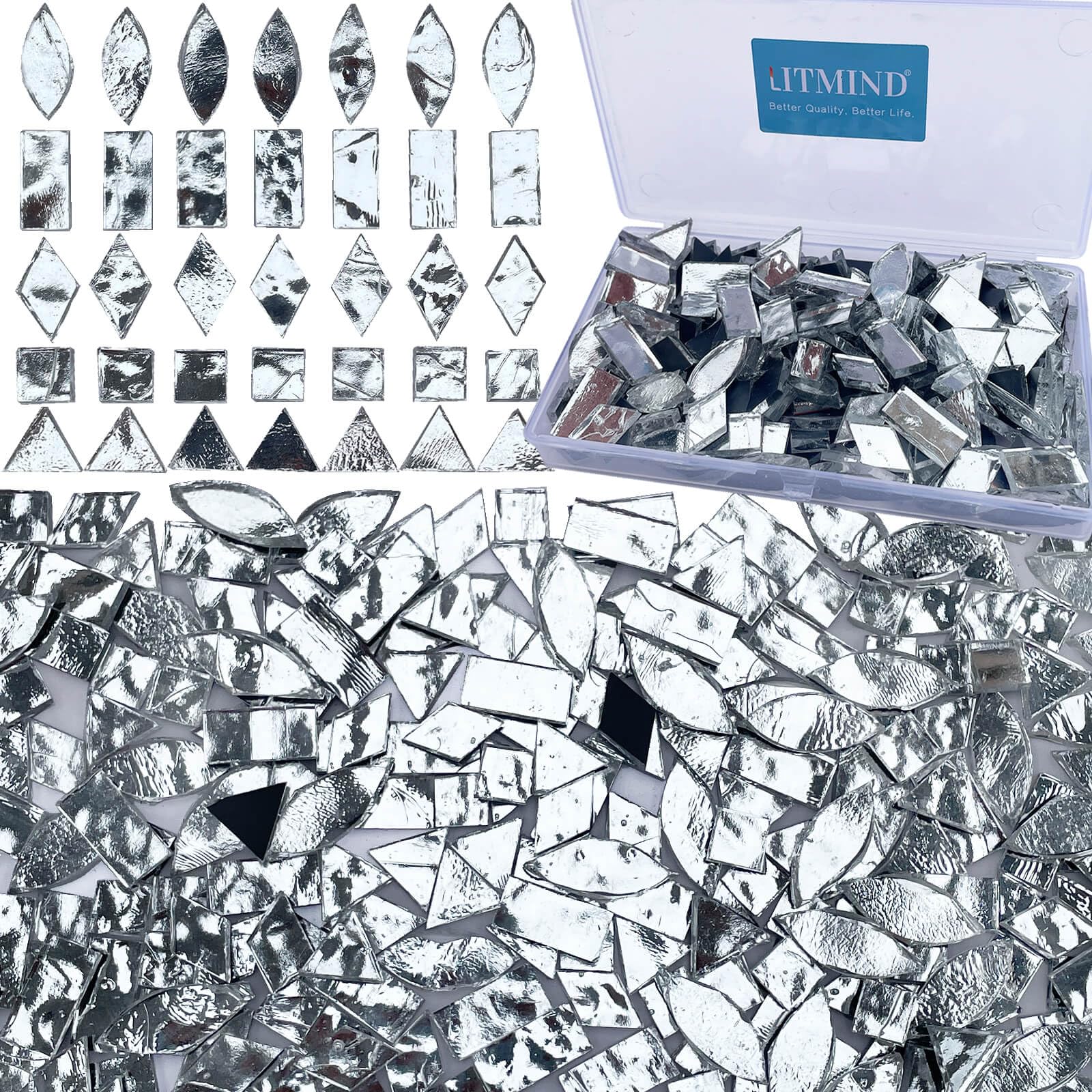 LITMIND Silver Stained Glass Mirror Mosaic Tiles - 240 Pieces in 5 Shapes (Rectangle, Triangle, Rhombus, Square, Leaf) with Black Backing for DIY Crafts, Mosaic Art, Home Decor & Wall Accents - Perfect for Bathroom, Kitchen Backsplash & Decorative Projects