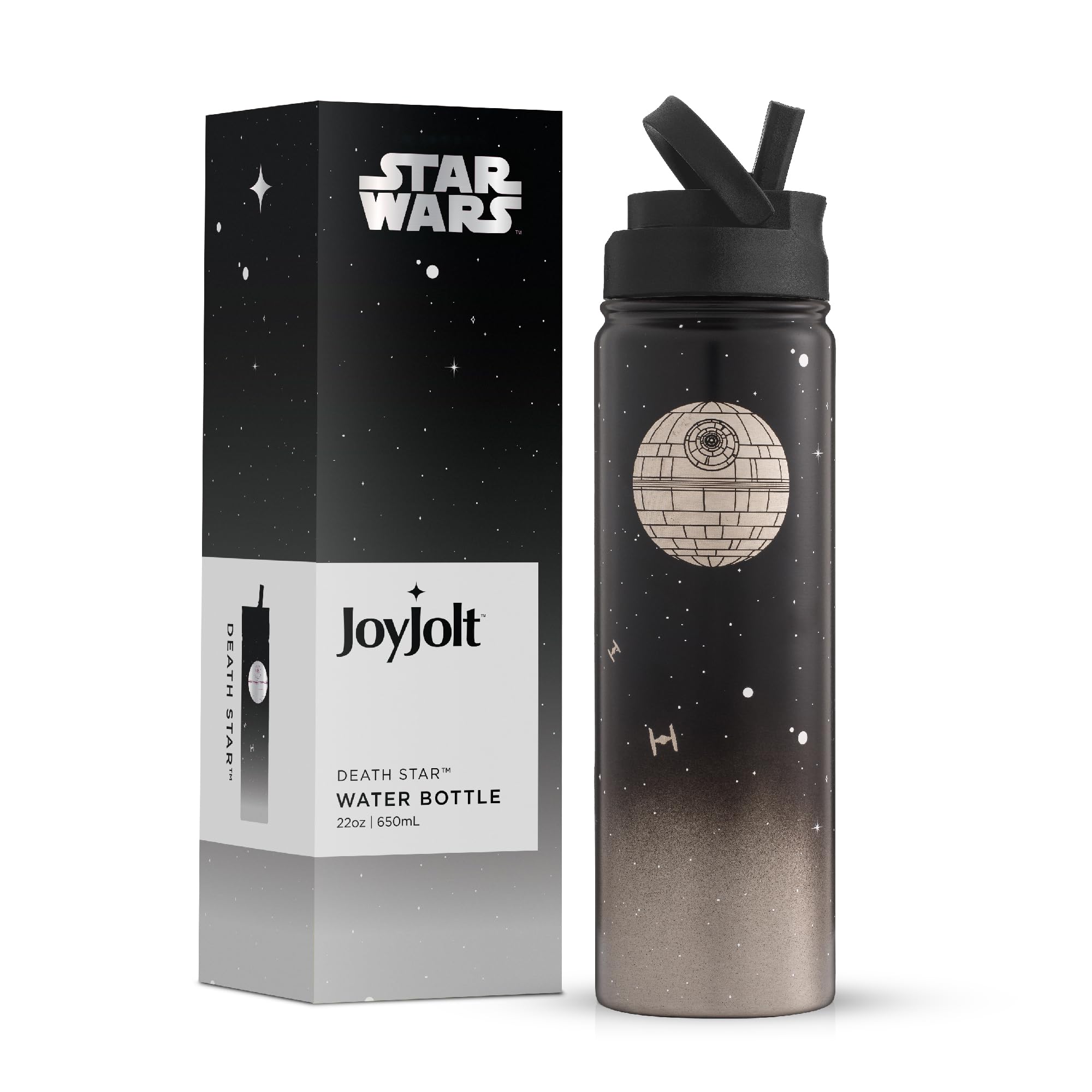 JoyJolt 22oz Stainless Steel Star Wars Water Bottle - Vacuum Insulated, BPA-Free, with Straw Lid | Death Star Design for Sports, Travel & Gym | Perfect Star Wars Gift for Fans & Collectors