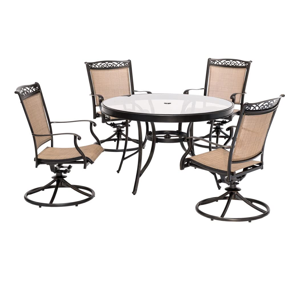 Hanover Fontana 5-Piece Outdoor Dining Set with Tan PVC Sling Swivel Rocker Chairs & 47