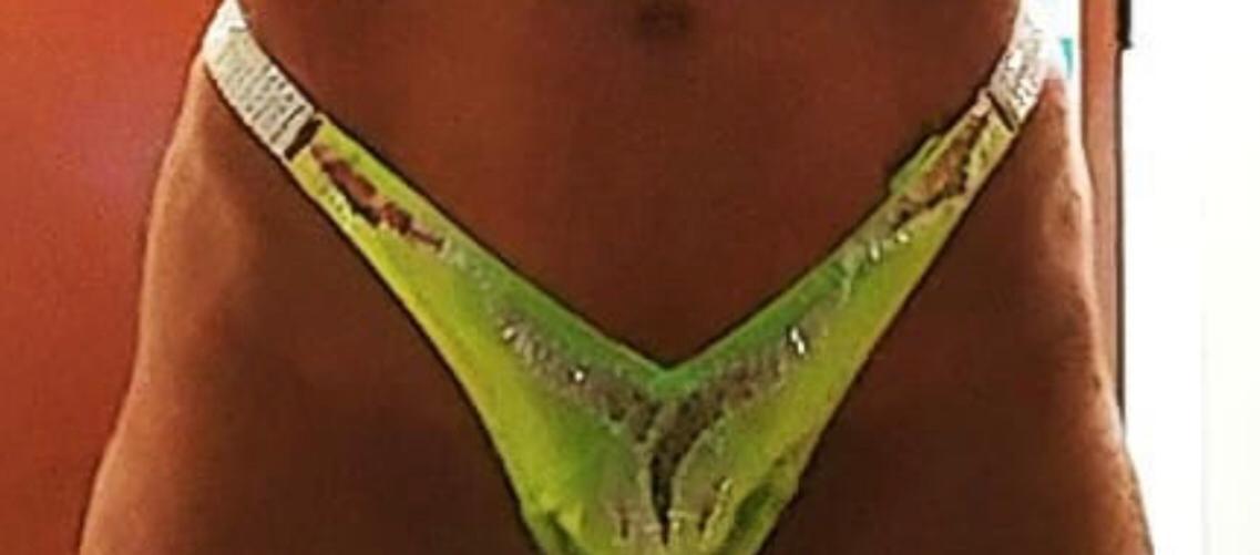 Figure Competition Suit - Physique Bikini with Rhinestone Design in Chartreuse Yellow & Green Flame | Perfect for Bodybuilding, Fitness & Bikini Contests