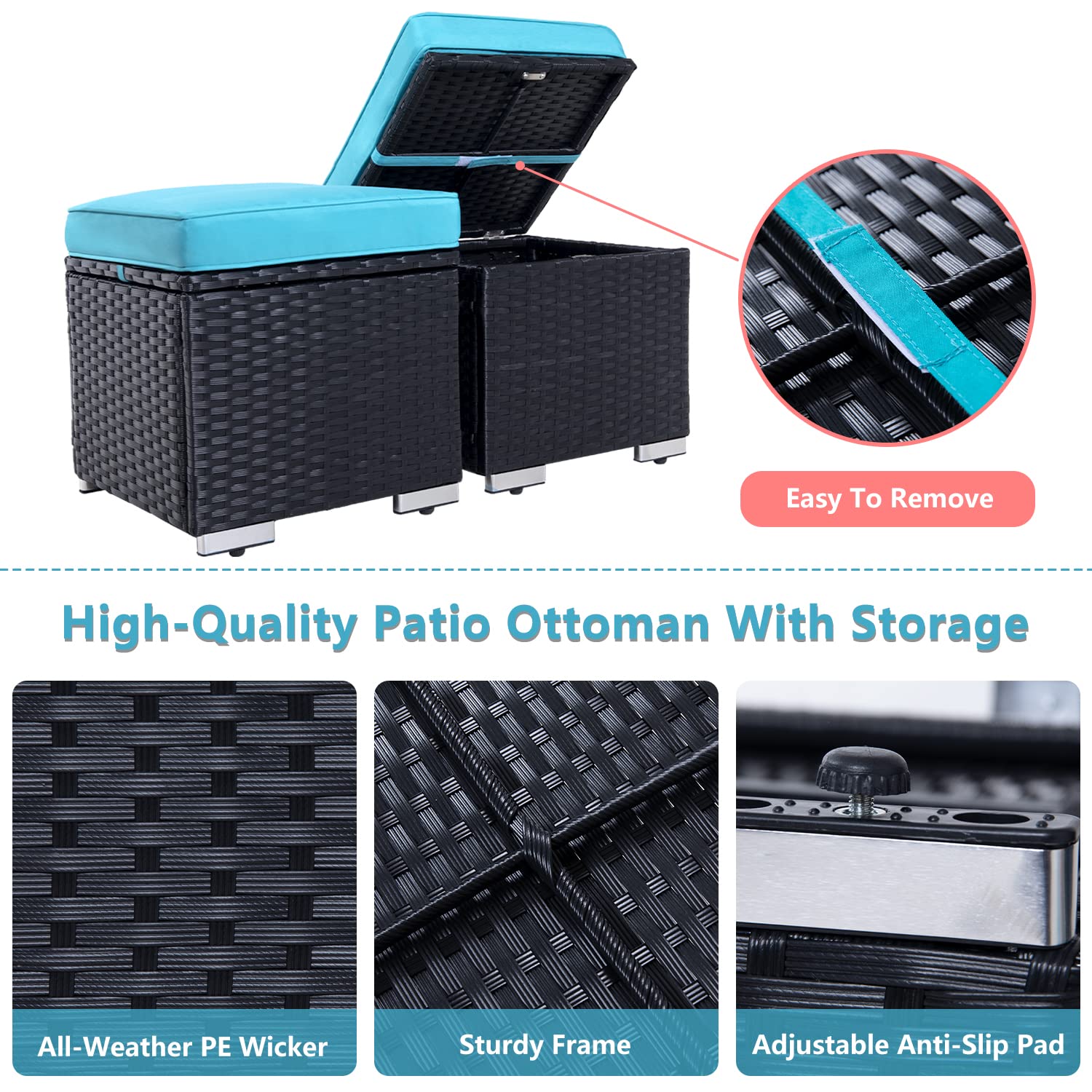 2-Piece Outdoor Rattan Ottoman Set with Storage & Removable Cushion - Waterproof Wicker Footstool for Patio, Balcony, Poolside - Perfect for Relaxing in Backyard, Garden or Living Room (Black)