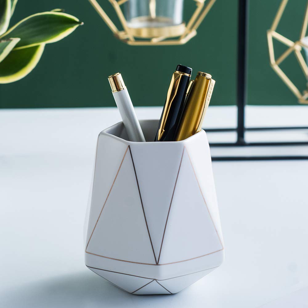 Elegant White Ceramic Pen Holder with Gold Line - Stylish Desk Organizer for Pens, Pencils & Makeup Brushes | Perfect for Office, Study & Vanity Decor