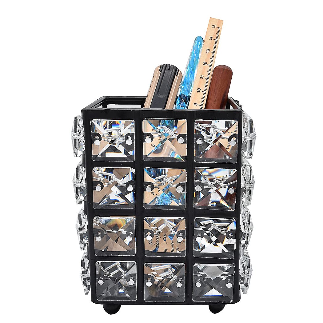 Handmade Crystal Makeup Brush Holder & Eyebrow Pencil Organizer - Square Black Cosmetic Storage for Vanity, Bathroom, Office Desk | Perfect for Makeup Artists & Beauty Enthusiasts