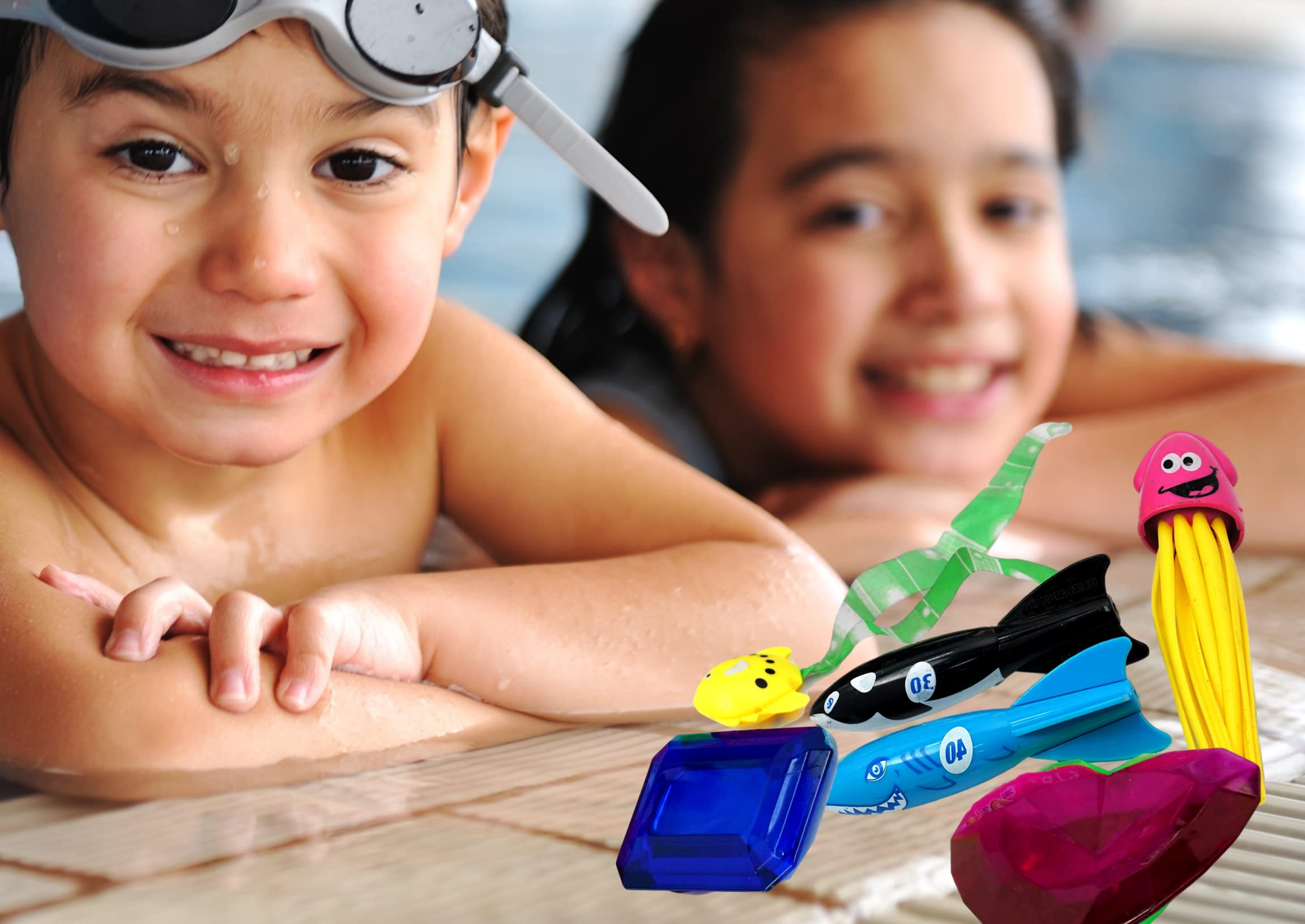JA-RU Pool Diving Toys Set (6 Pack) - Sinking & Floating Bath Toys with Gems & Shark for Kids - Perfect for Swimming Pools, Beach Games, Birthday Party Favors and Outdoor Water Activities - Fun Summer Pool Accessories for Children