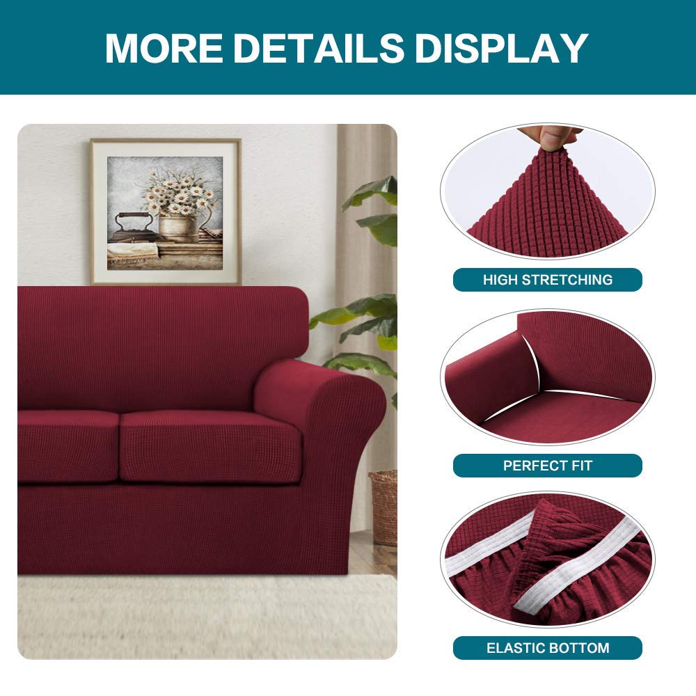 Turquoise and Burgundy Stretchable Sofa Cover Set - 3 Seater Couch Cover + 2 Seater Loveseat Slipcover | Soft Spandex Jacquard Fabric | Perfect for Living Room, Bedroom, and Home Decor Protection