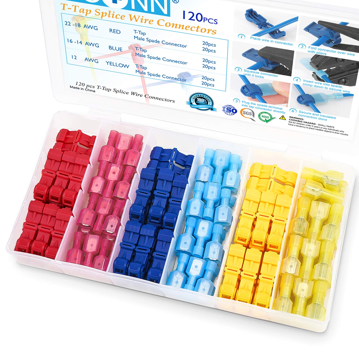 TICONN 120Pcs T Tap Wire Connectors - Quick Splice Electrical Terminals for Automotive, Marine & Home Wiring with Storage Case (120Pcs) - Ideal for DIY Electrical Projects, Car Audio Installations & Appliance Repairs