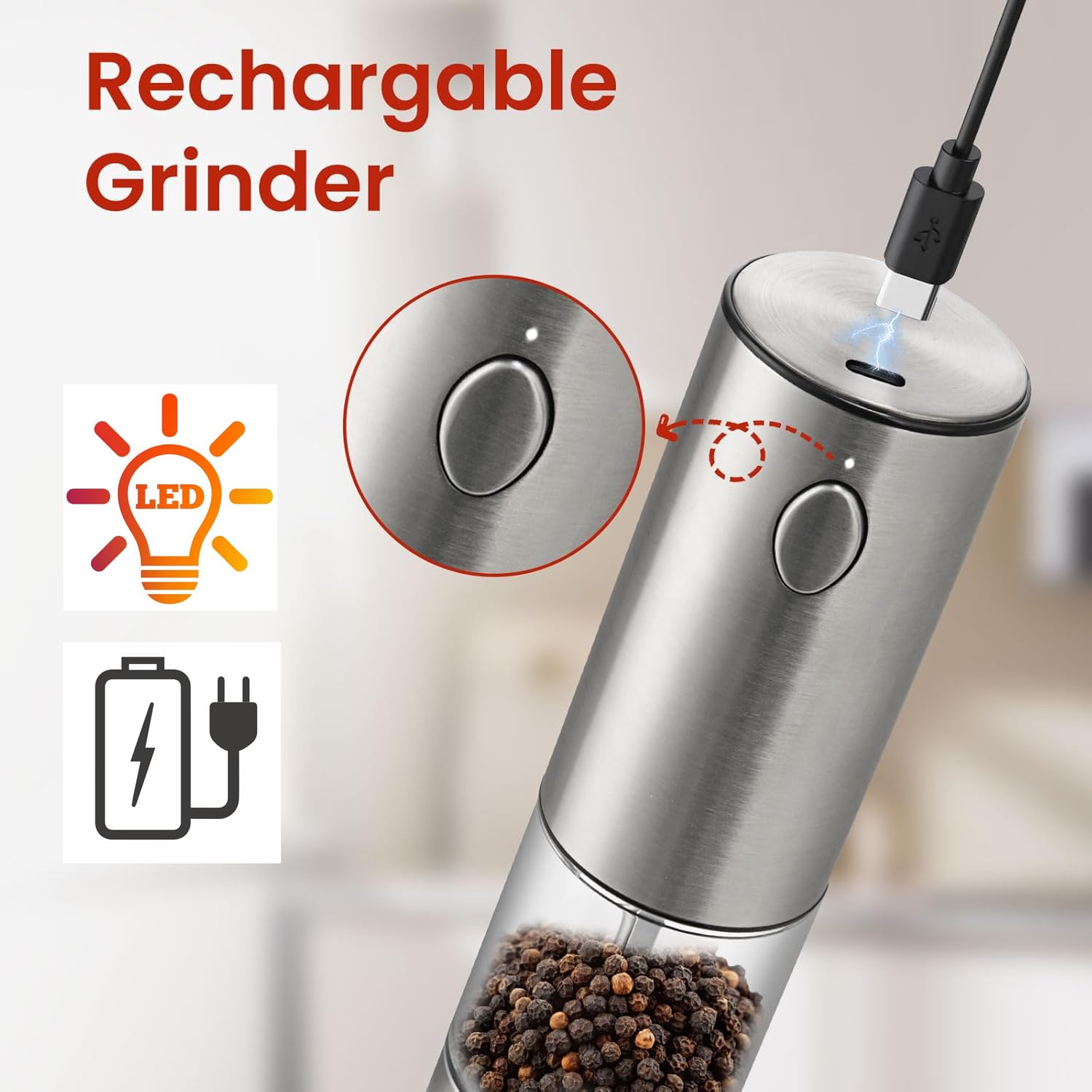 Premium Rechargeable Electric Pepper Grinder & Salt Mill - 5 Adjustable Coarseness Settings, Stainless Steel Body with LED Light - One-Hand Operation for Cooking, BBQ, Dining & Kitchen Use - Includes Storage Base & USB Charging