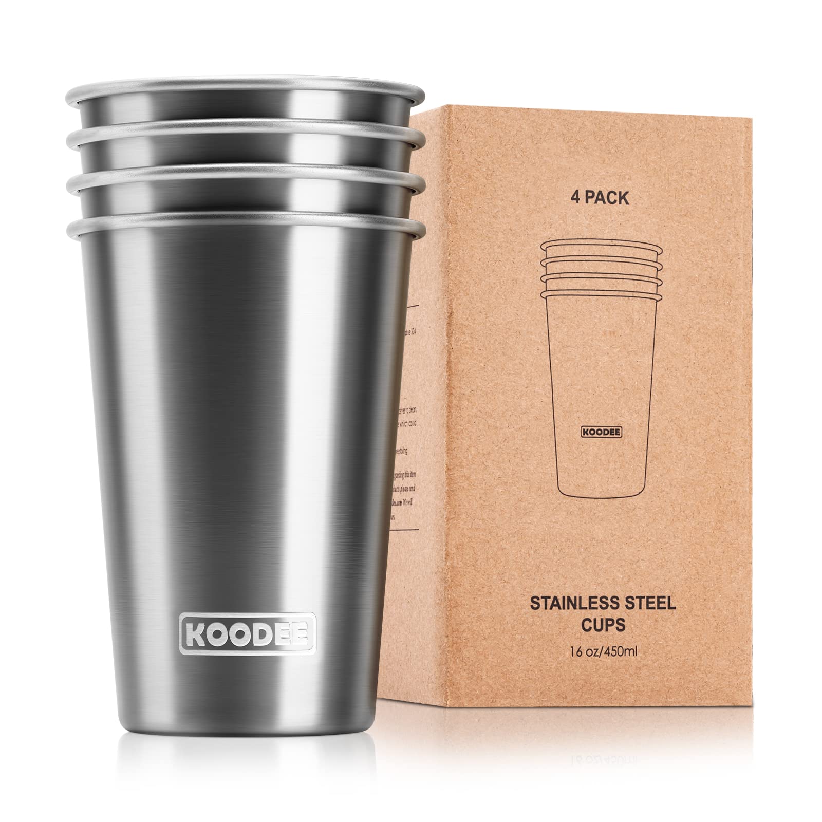 16 oz Stainless Steel Pint Cups - 4 Pack Stackable Metal Drinking Glasses for Camping, Hiking & Outdoor Adventures | Insulated Water Tumblers for Beer, Coffee & Cold Beverages | Durable & BPA-Free