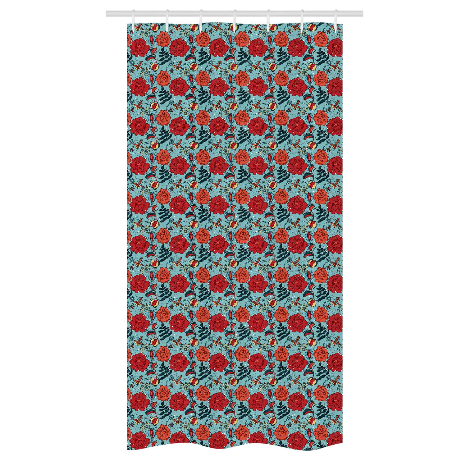 Ambesonne Floral Stall Shower Curtain - Bohemian Style Ethnic Pattern Bathroom Decor with Hooks, 36x72 Inches, Vermilion & Pale Blue - Perfect for Boho Chic, Farmhouse & Vintage Style Bathrooms