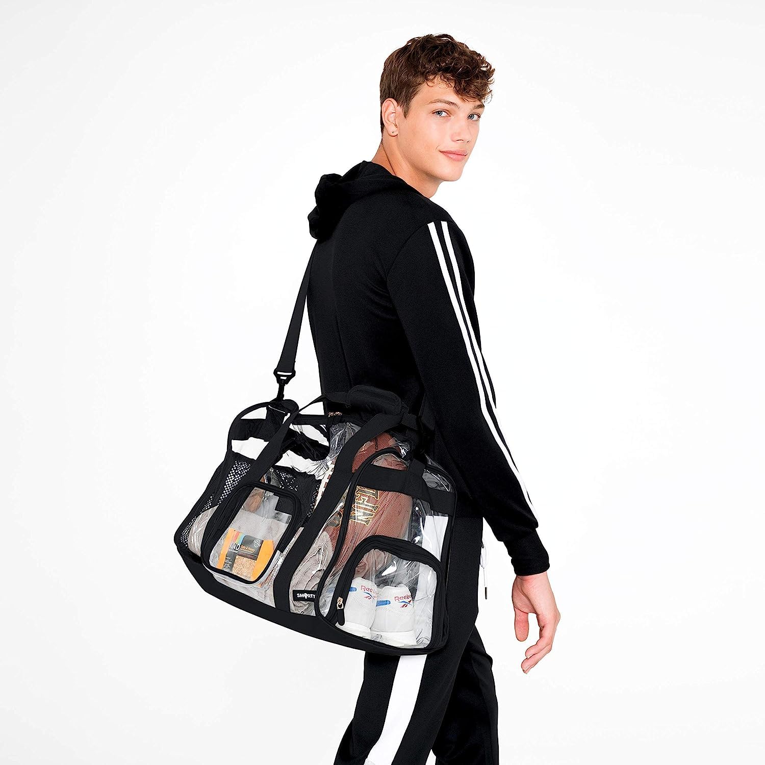 Large Clear Heavy Duty Transparent Duffel Gym Bag with Clear Bottom & Side Shoe Pocket - Removable Shoulder Strap for Men & Women - Perfect for Fitness, Travel & Airport Security Check (Black)