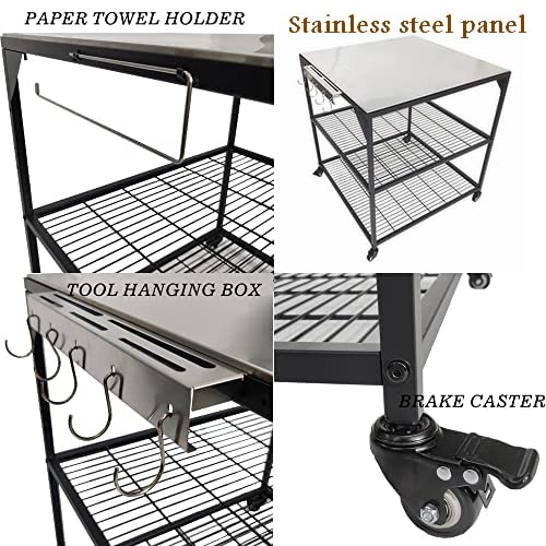 3-Tier Stainless Steel Rolling Outdoor Kitchen Cart - Heavy Duty BBQ Grill Table with Wheels for Pizza Oven, Patio Dining & Backyard Entertaining