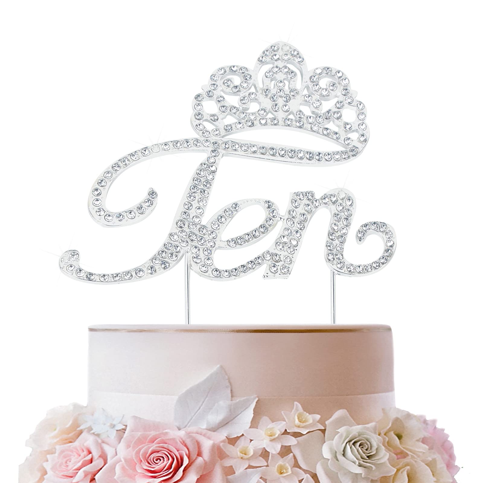 LINGTEER 10th Birthday Cake Topper with Crown - Silver Rhinestone Bling Decor | Happy 10th Birthday Party Supplies | Perfect for Milestone Celebrations, Cake Decorations & Gift Ideas
