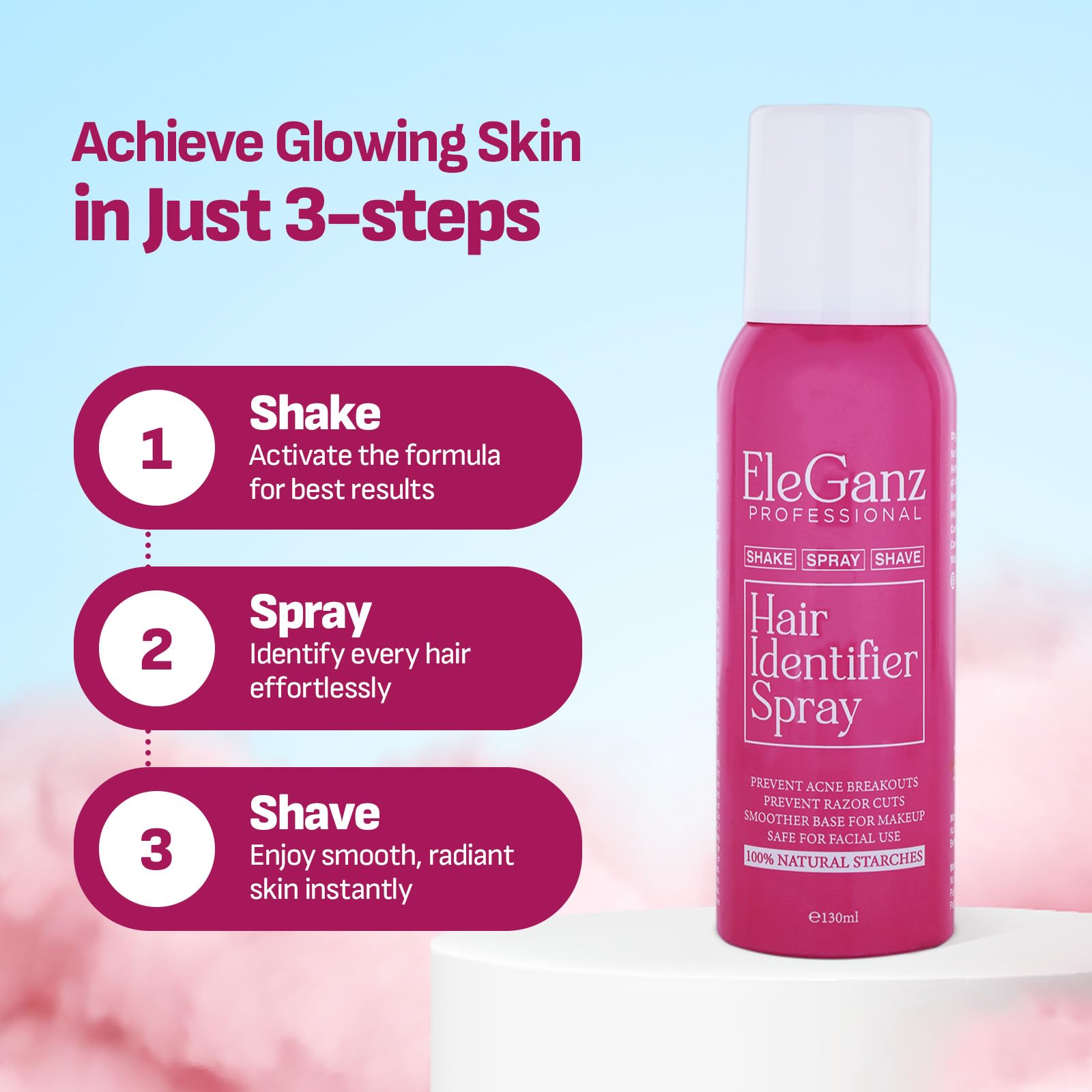 Eleganz Hair Identifier Spray for Face Shaving & Dermaplaning | 100% Natural Starch Formula | Paraben-Free Skin & Body Hair Removal for Women | 130ml | Perfect for Pre-Shave Prep & Smooth Skin Care Routine