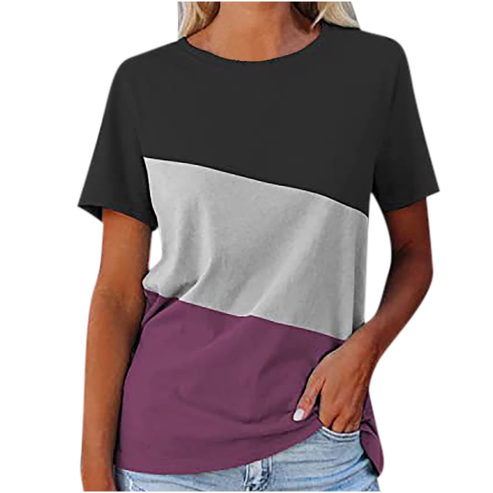 Women's Casual Short Sleeve Color Block T-Shirts - Comfortable Loose Fit O-Neck Summer Tees for Everyday Wear, Outings & Vacation