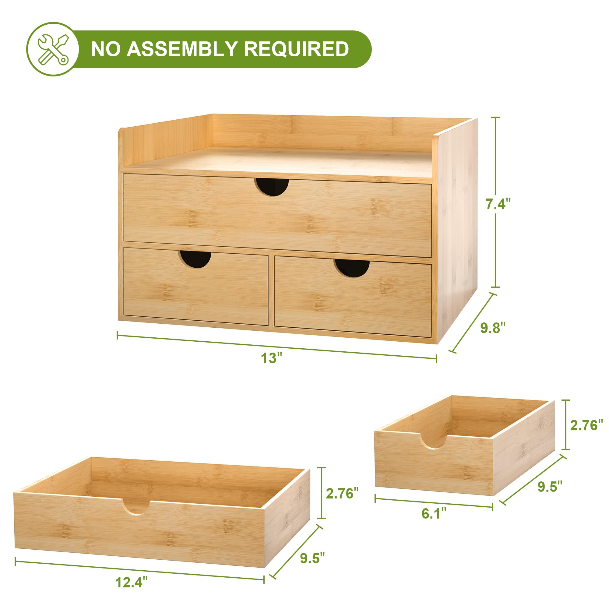 Wisuce Bamboo Desk Drawer Organizer - Large 3-Drawer Desktop Storage Box with Shelf for Office, Home & Vanity | No Assembly Required | Perfect for Organizing Stationery, Makeup & Toiletries Supplies
