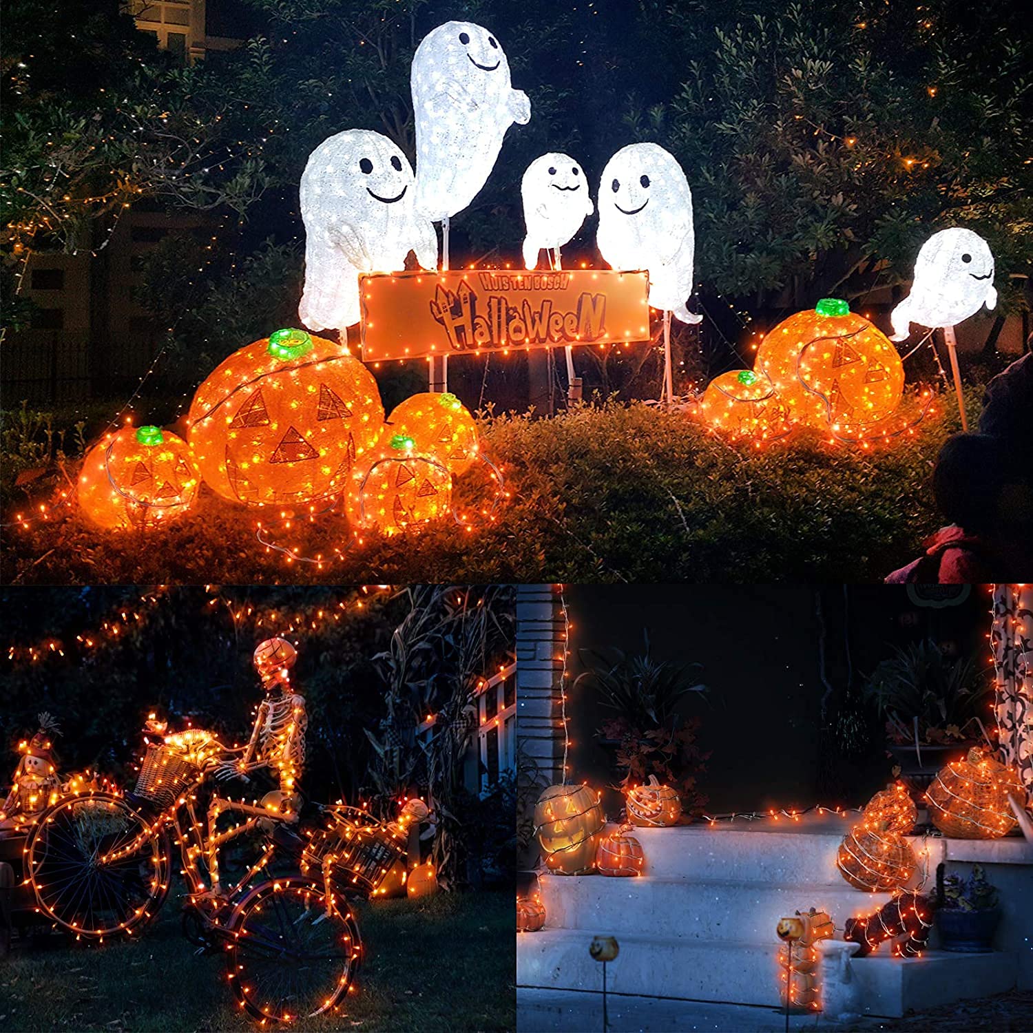 Lomotech 2 Pack 66ft 200LED Solar Halloween Lights - Waterproof Orange Fairy String Lights with 8 Modes & Twinkle Effect, Black Wire for Outdoor Halloween Party, Yard, Garden, Porch, and DIY Home Decorations