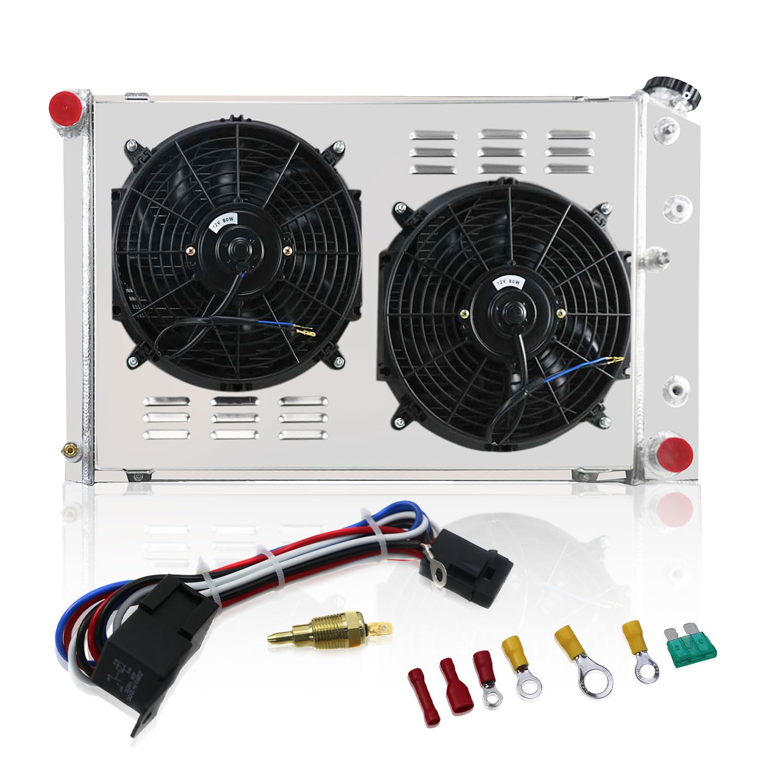 CU162 Aluminum Radiator with Electric Fan - Compatible with 1970-1988 Chevy GMC Buick Blazer Camaro Malibu Monte Carlo Nova Caballero Jimmy Century Skylark - 3 Row Radiator with Shroud & Fan - Perfect for Engine Cooling & Performance Upgrades