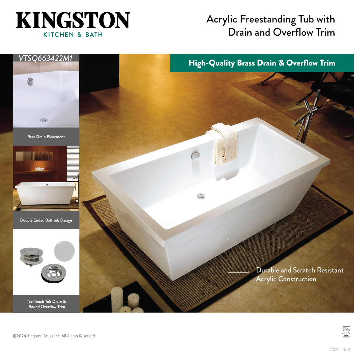 Aqua Eden 66 Inch Acrylic Freestanding Bathtub - Rectangular Double Ended Soaking Tub with Overflow Drain, Glossy White & Antique Brass Finish | Perfect for Luxury Bathroom, Spa Retreat & Modern Home Decor