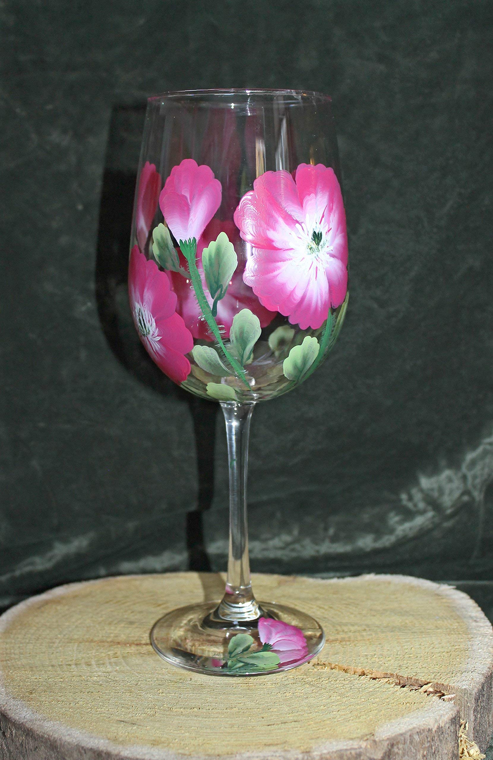 Hand Painted Wine Glasses Set of 2 - Elegant Poppy Pink Design for Wedding, Anniversary & Romantic Dinner Gifts - Dishwasher Safe Stemware for Women & Couples