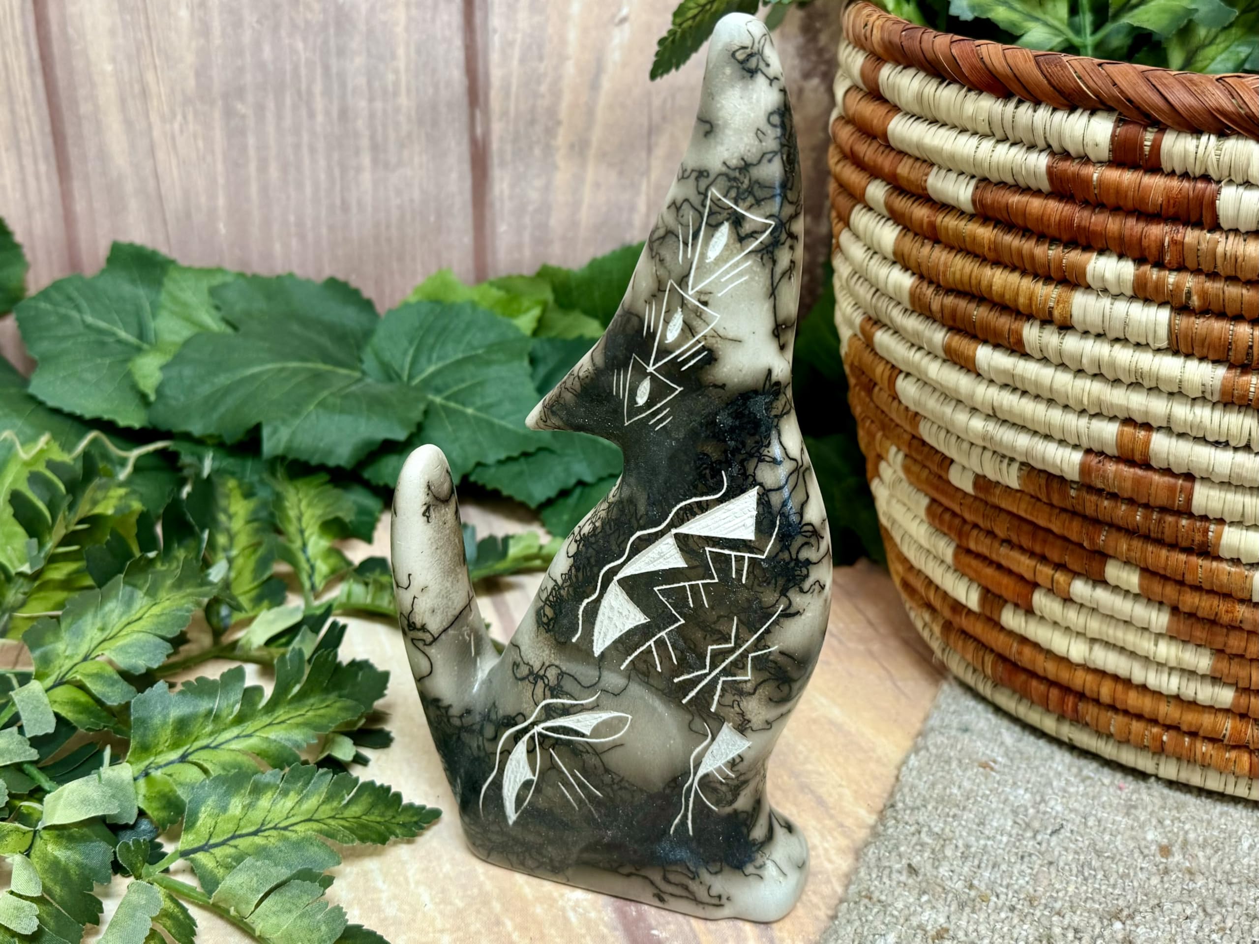 Authentic Native American Horse Hair Pottery Fetish Wolf - Handcrafted Southwest Decor, Western Home Accent & Collector's Item | Perfect for Western Themed Rooms, Cabin Decor & Spiritual Altars