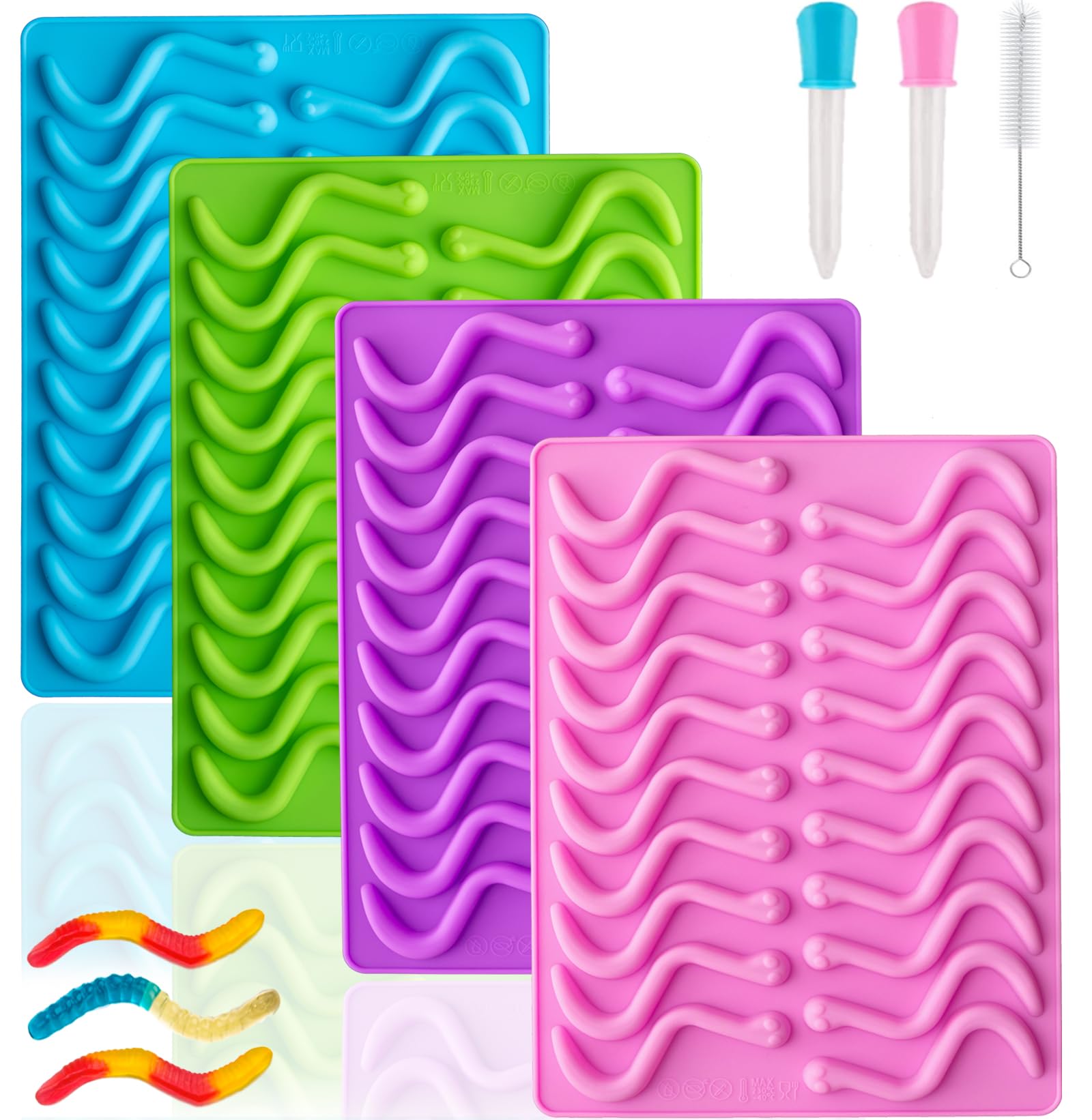 Non-Stick Silicone Gummy Worm Molds - BPA Free Candy Making Kit for Kids with Droppers & Brush - Perfect for DIY Fruit Snacks & Party Treats
