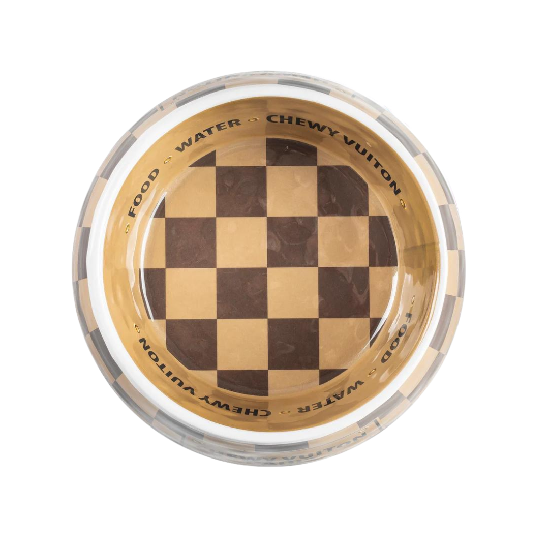 Checker Chewy Vuiton Dog Bowl - 3 Sizes for Small, Medium & Large Dogs | Non-Slip Pet Food & Water Dish for Home, Travel & Outdoor Use