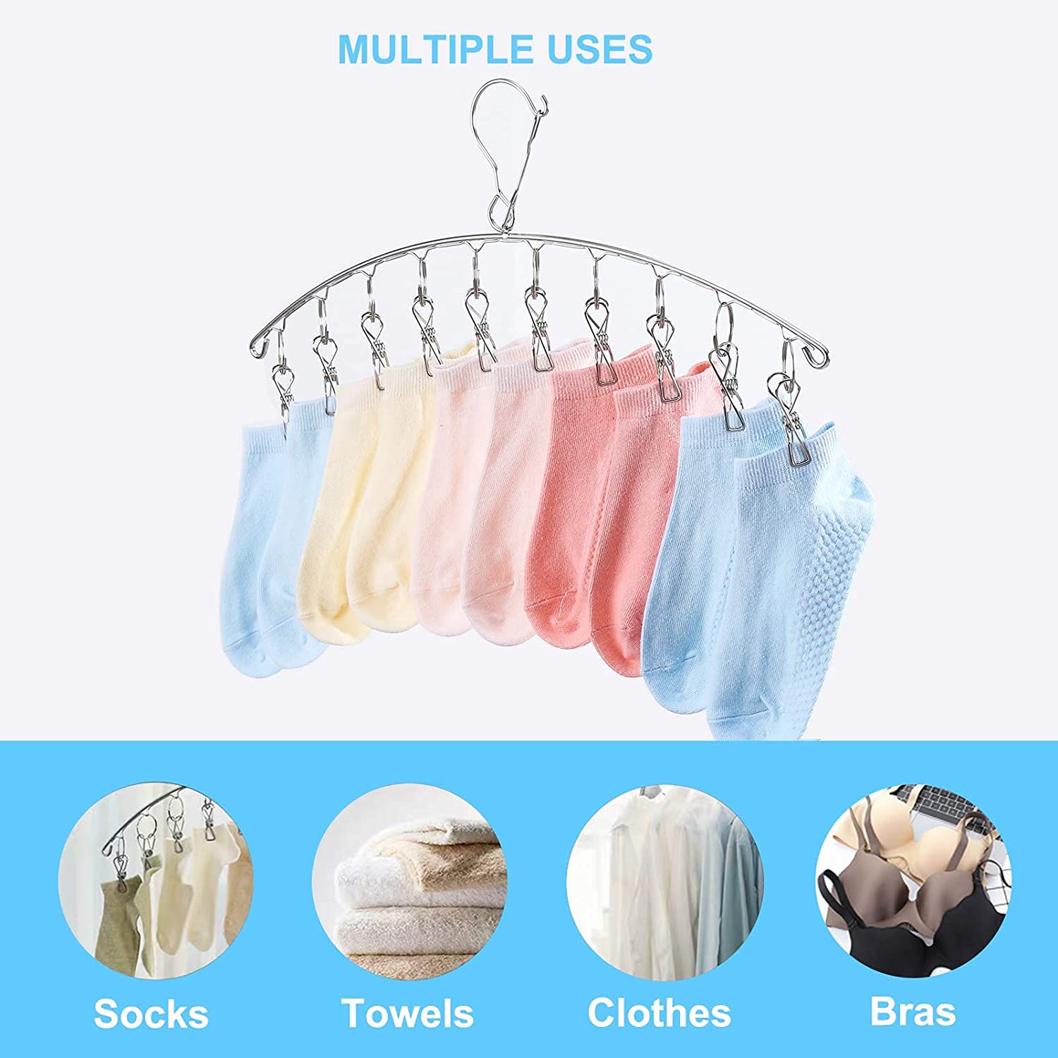 Stainless Steel Clothes Drying Rack with 10 Windproof Clips - 2 Pack Laundry Hanger for Socks, Bras, Underwear & Baby Clothes | Space-Saving Drip Dry Solution for Small Apartments & Laundry Rooms