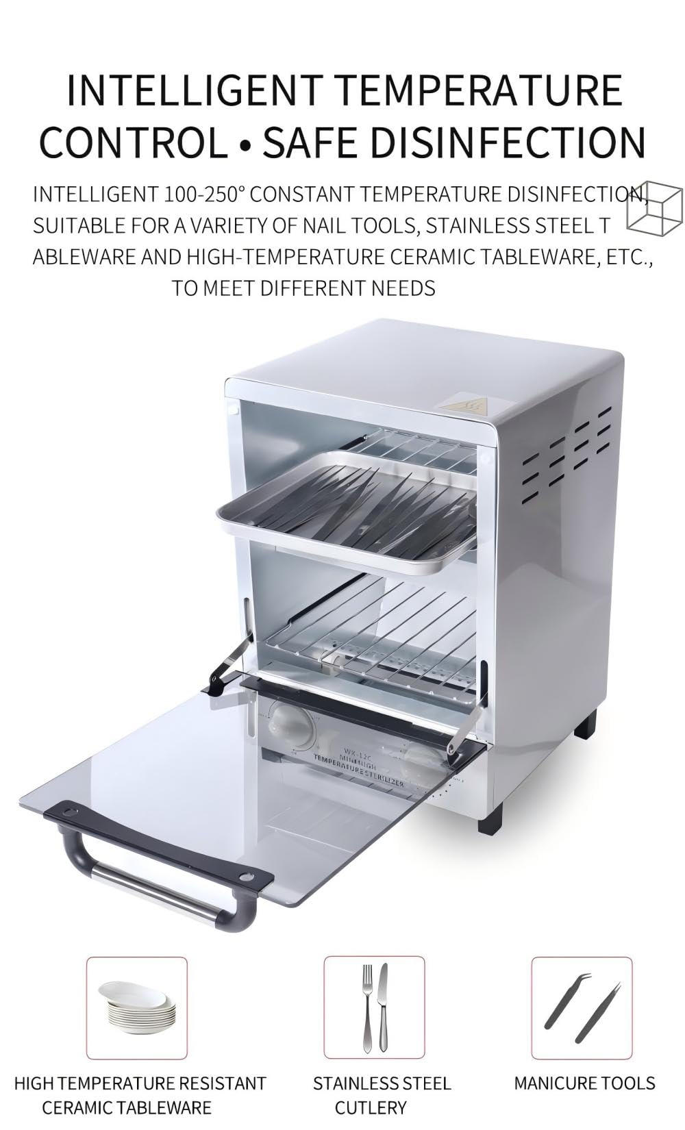 WINB 110V Nail Tool Sterilizer - 12L High-Temperature UV Sanitizer with Digital Timer & Temperature Control - Stainless Steel Tray for Nail Salon Equipment - Perfect for Disinfecting Tweezers, Clippers & Manicure Tools