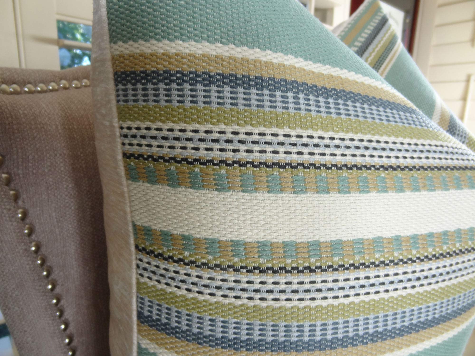 Plutus Chic Stripe Aloe Handmade Throw Pillow 22x22 Inch - Light Blue Green Cream Decorative Cushion for Sofa, Bed, Living Room & Home Decor