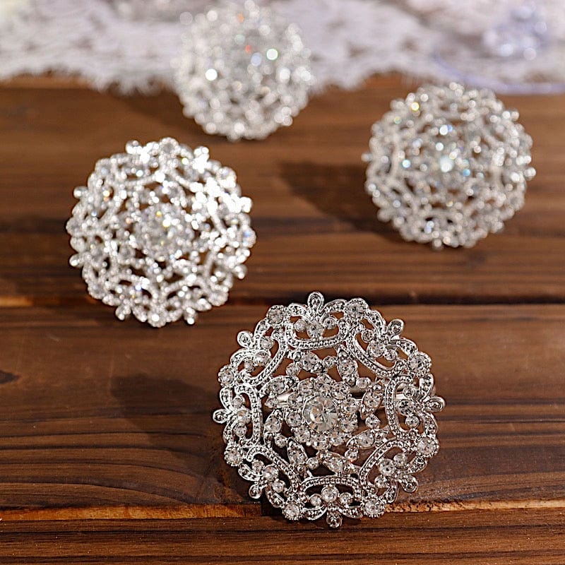 Elegant 4-Piece Metal Flower Napkin Rings with Rhinestones - Perfect for Wedding, Party & Holiday Table Decor