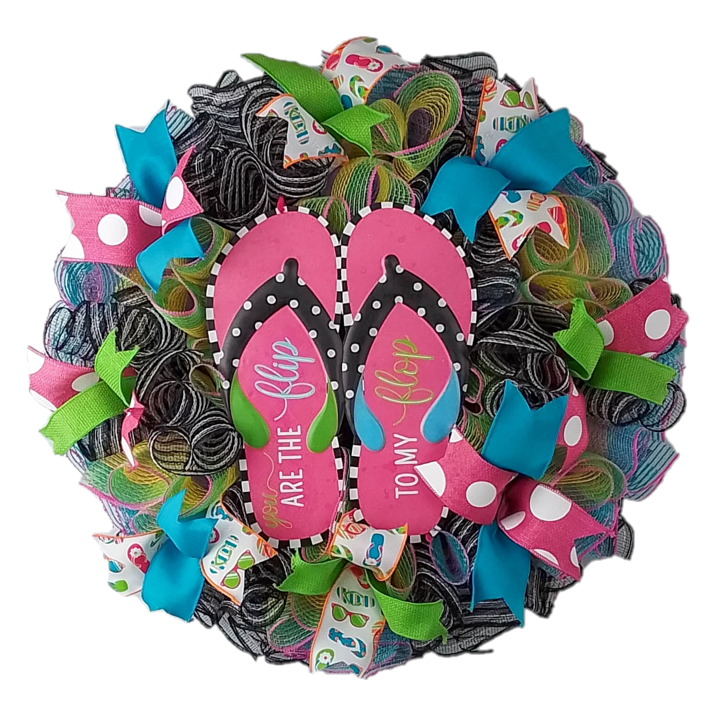 Flip Flop Wreath for Front Door - Summer Spring Beach Decor in Lime Green, Pink, Turquoise & Black - Perfect for Coastal Home, Porch, or Vacation House Decorations