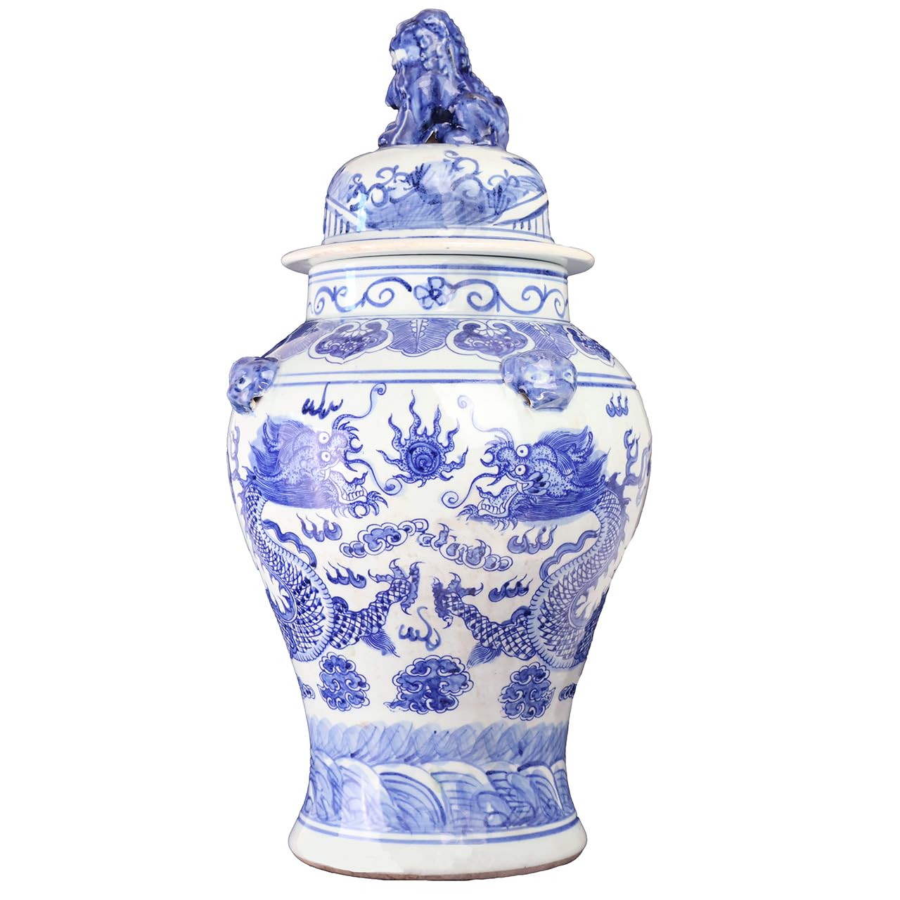 Hand-Painted Blue and White Chinese Porcelain Dragon Temple Jar - 24 Inch Tall Jingdezhen Ceramic Vase for Home Decor, Asian-Inspired Living Room Centerpiece & Luxury Gift
