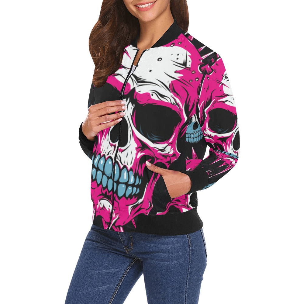 Punk Skull Bomber Jacket for Women - Edgy Pink Streetwear Coat with Skull Design | Perfect for Concerts, Halloween, and Urban Fashion Outfits