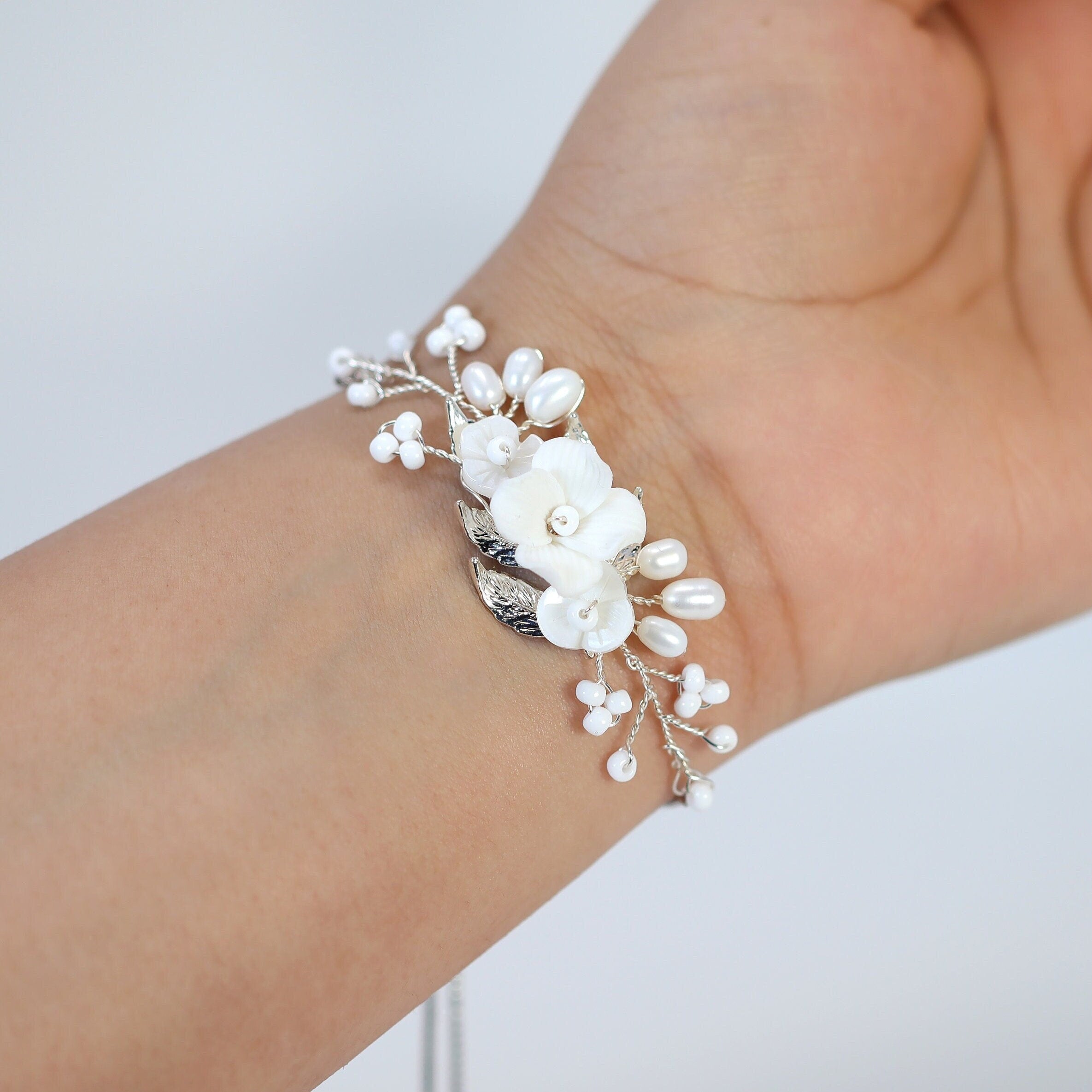 Natural Cultured Pearl & White Flower Opal Bridal Bracelet - Elegant Ceramic Statement Jewelry for Weddings, Parties & Special Occasions