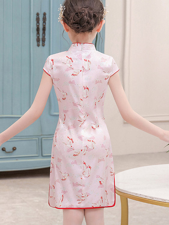 Pink & Green Floral Print Kids Girls Qipao Cheongsam Dress - Traditional Chinese Dress for Special Occasions & Cultural Events