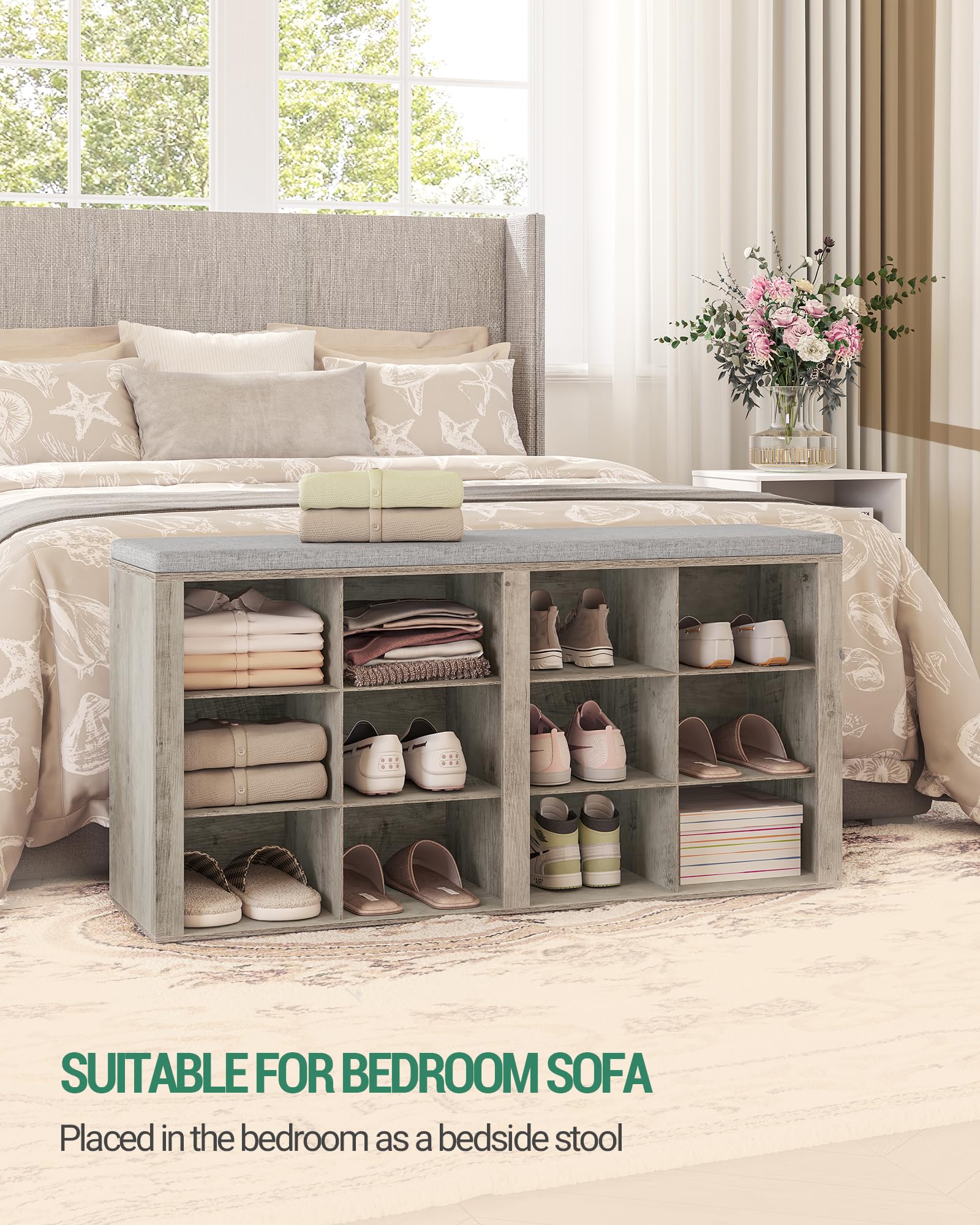 Shoe Bench with Cushion - 12-Cubby Entryway Storage Bench with Adjustable Shelves | Shoe Organizer Cabinet for Living Room, Bedroom & Hallway | Perfect for Small Space Organization & Entryway Seating (Greige SB19005GY)