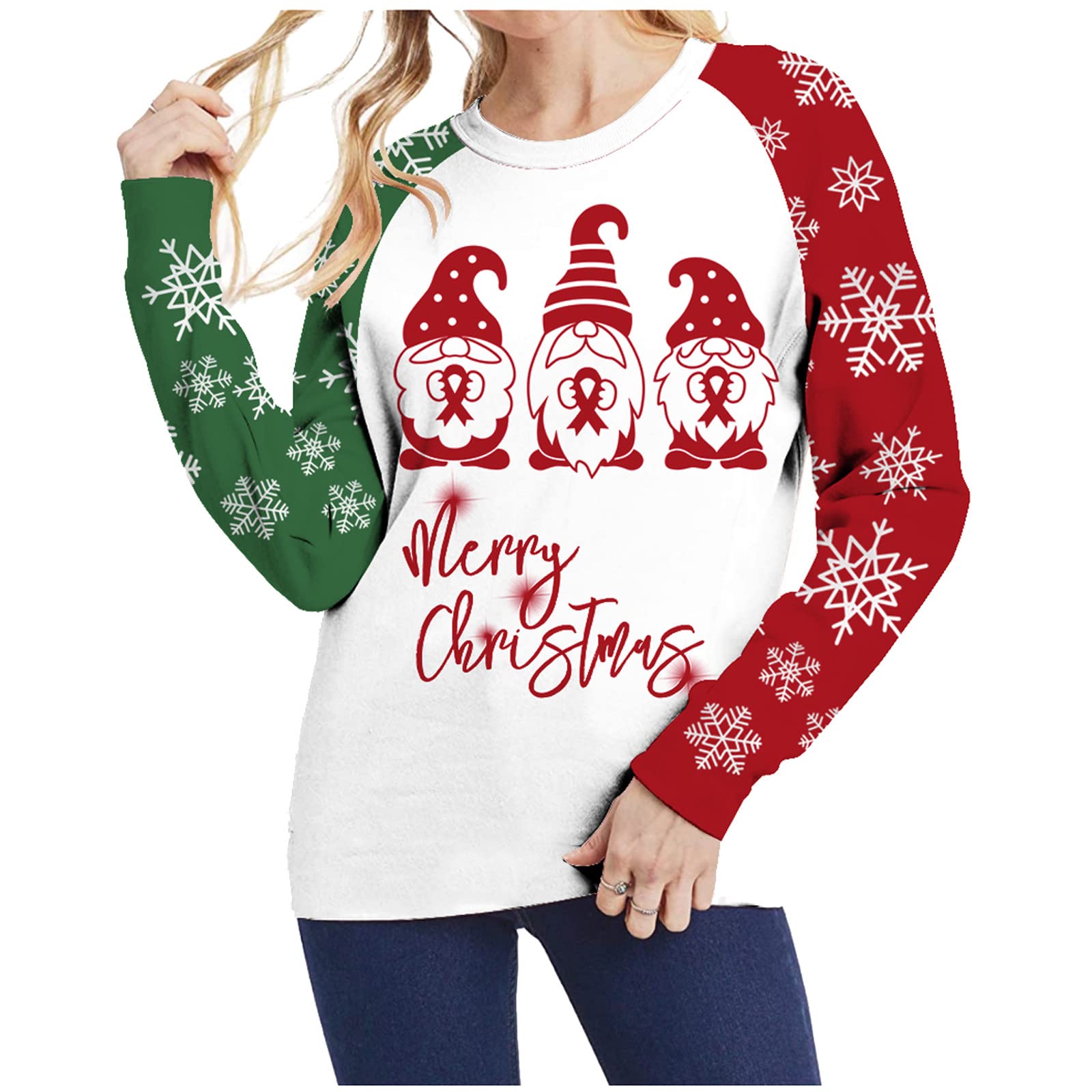 Women's White Christmas Color Block Long Sleeve T-Shirt - Festive Holiday Sweatshirt for Casual Wear & Gift Giving