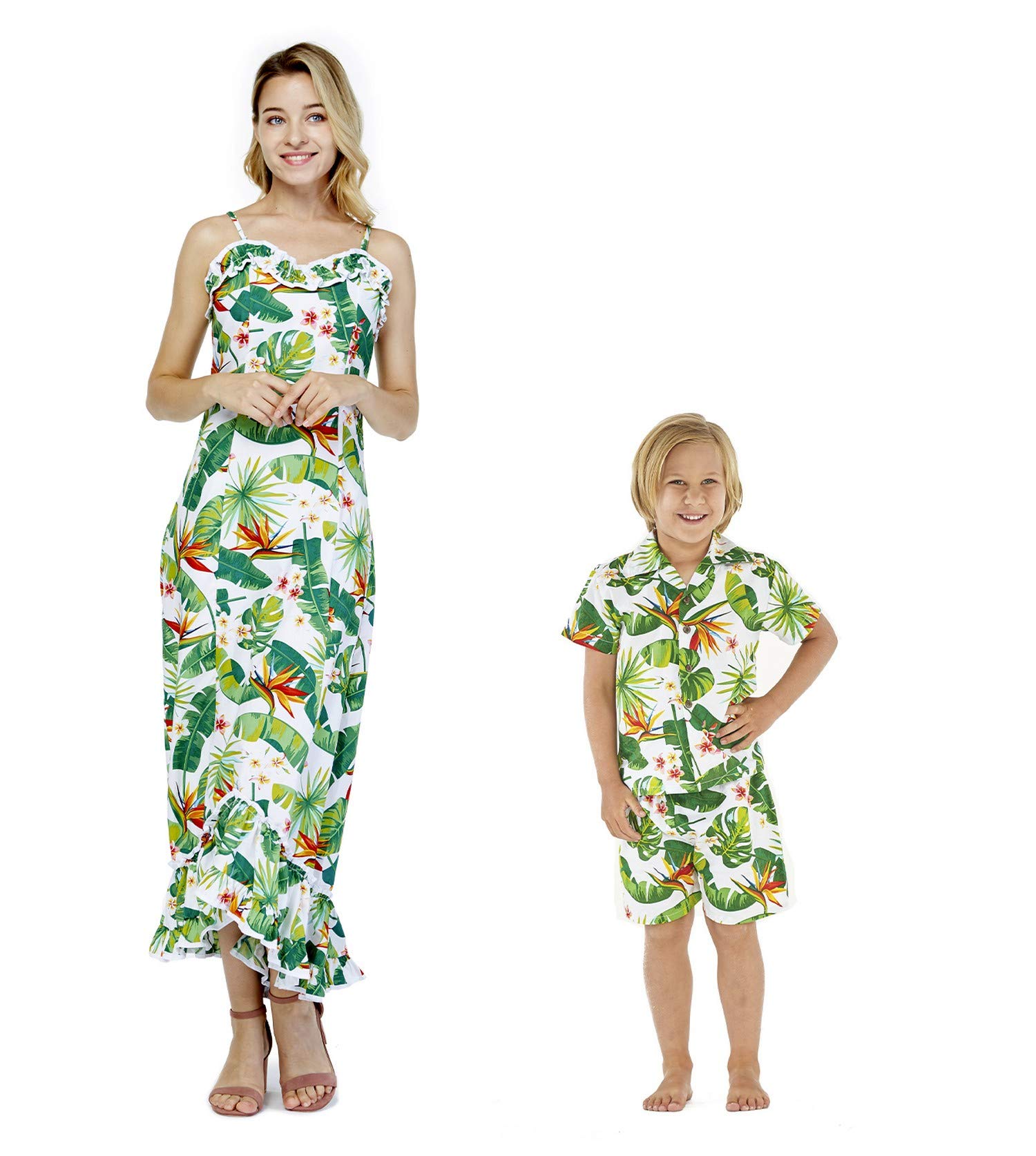 Hawaiian Luau Matching Mother and Son Outfit - Women's Muumuu Dress & Boy's Aloha Shirt with Shorts | Perfect for Family Beach Vacations, Luau Parties, and Summer Photoshoots