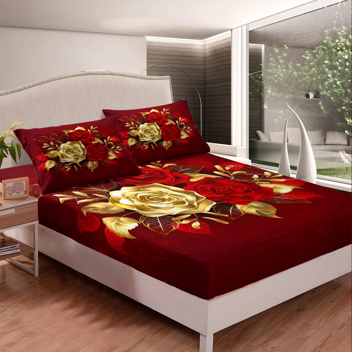 Feelyou Rose Floral Print Bedding Set - 3 Piece Queen Size Bed Sheets with Romantic Flower Pattern, Fitted Sheet & Pillowcases - Valentine's Day Gift, Home Decor for Women - Perfect for Master Bedroom, Guest Room or Romantic Getaway (Red)