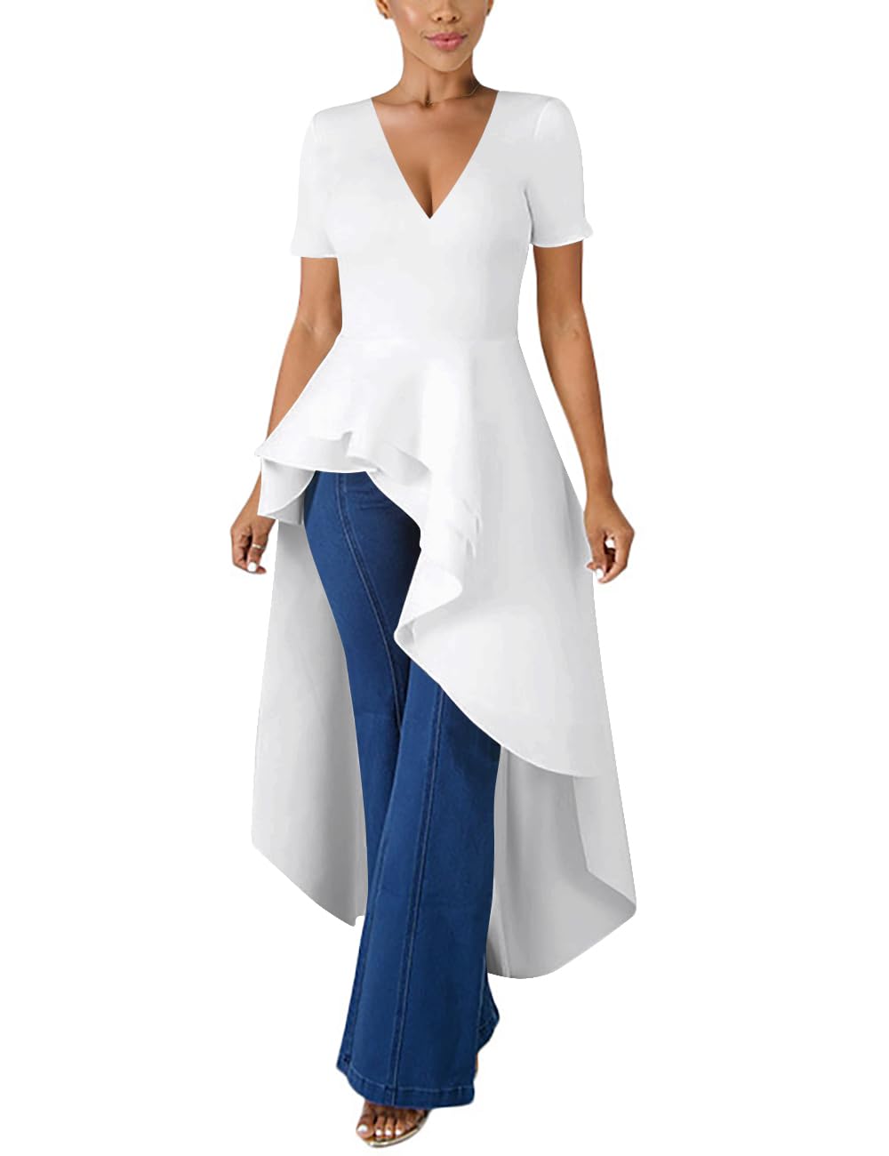 Lrady Women's V Neck Short Sleeve High Low Cocktail Party Dress - Peplum Tunic Top Shirt Dress for Night Out, Wedding Guest & Special Occasions