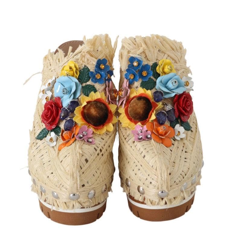 Dolce & Gabbana Women's Beige Raffia Mules with Floral Design - Comfortable Summer Slide Sandals for Beach, Poolside & Casual Outings